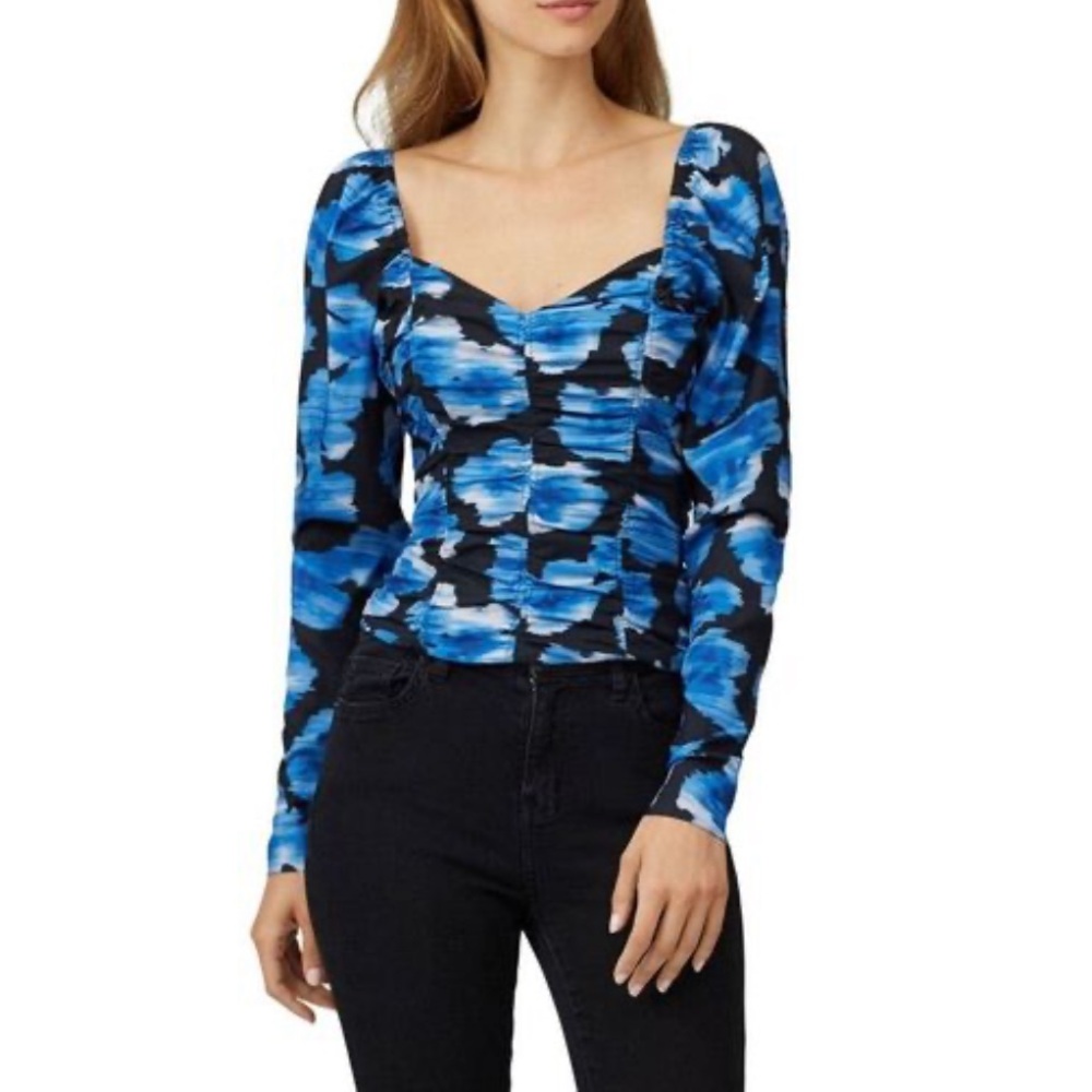 Parker 💙 Blue & Black 🖤 Ruched Floral Puffed Sleeves Crop Blouse - M